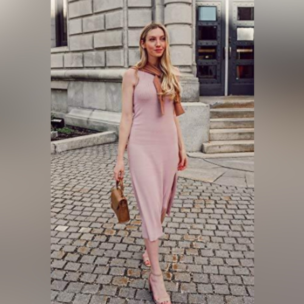 The Drop Women's Gabriela Halter Neck A-Line Side Slit Maxi Dress,Ice Pink,NWT